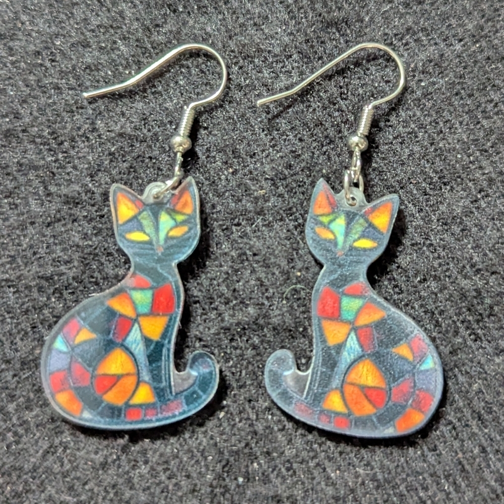 Silver Tone Black Red Yellow Acrylic Stained Glass Style Cat Statement Earrings